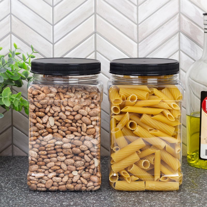 Cornucopia Brands 48oz Square Plastic Jars (3-Pack); Clear Rectangular 6-Cup Canisters w/Black Lids, Easy-Grip Side - Image 2